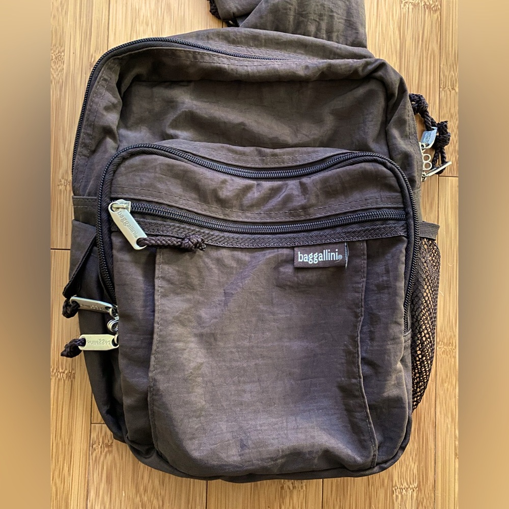 Baggallini brown crossbody bag with many pockets.